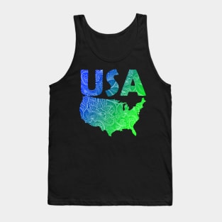 Colorful mandala art map of the United States of America with text in blue and green Tank Top